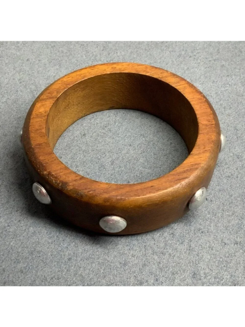 Chunky Wooden Bangle Bracelet 2.5 In As Is Retro Brown Silver Studs Rustic Punk